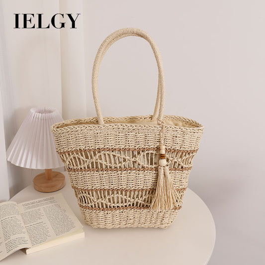 Ielgy Fashion Hollow One-Shoulder Straw Bag Tassel Portable Woven Holiday Style Beach Female Bag