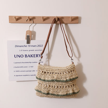 Ielgy Cross-Body Lace Straw Bag Ruffled Colorful Woven Bag Seaside Beach Vacation Bag