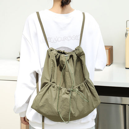 Ielgy Japanese Casual Art Canvas Backpack Fashion Drawstring Pleated School Bag Nylon Large-Capacity Backpack Khaki