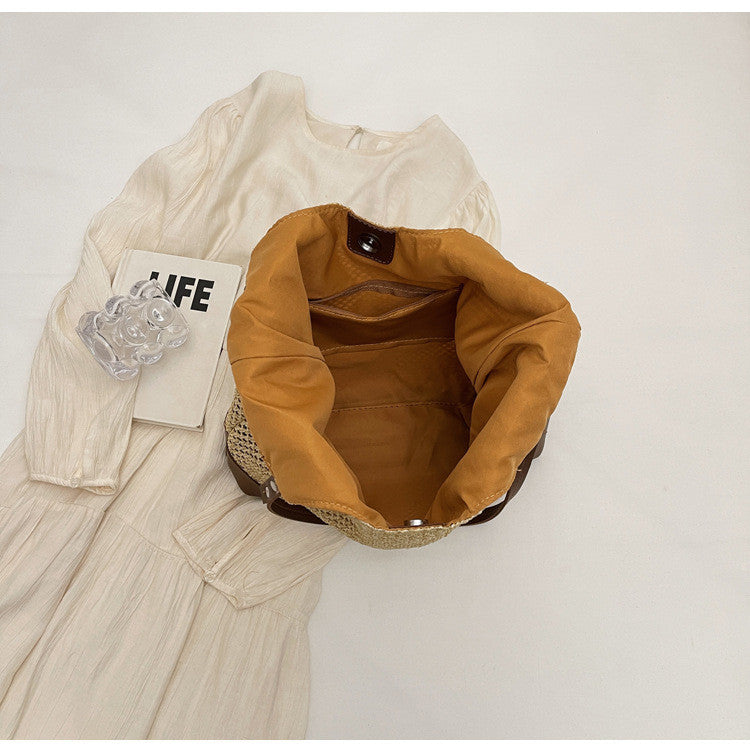 Ielgy Ladies Hand-Woven Straw Woven All-Match Large-Capacity Retro One-S