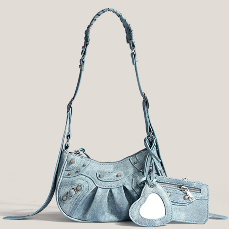 Ielgy Fashion Trendy Motorcycle Bag Underarm Bag Rivet Tassel High-End Feeling Pleated Shoulder Messenger Female Bag