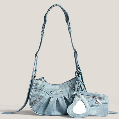 Ielgy Fashion Trendy Motorcycle Bag Underarm Bag Rivet Tassel High-End Feeling Pleated Shoulder Messenger Female Bag