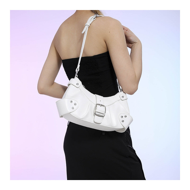 Ielgy Folded Motorcycle Style One-Shoulder Underarm Silver Bag Ladies Fashion Commuter Diagonal Small Square Bag