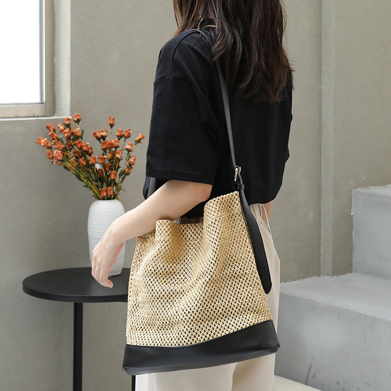 Ielgy Japanese Casual Stitching Child-Mother Bag Vacation Beach Straw Woven One-Shoulder Messenger Fe