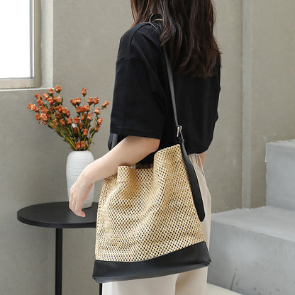 Ielgy Japanese Casual Stitching Child-Mother Bag Vacation Beach Straw Woven One-Shoulder Messenger Fe