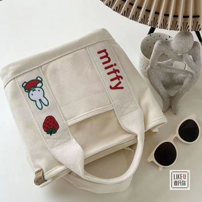 Ielgy Cartoon Strawberry Rabbit Embroidered Canvas Bag Outing Hand Bag Lunch Bag Office Worker Portable Storage Bag