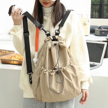 Ielgy Korean Version Casual Literary Canvas Backpack Fashion Nylon Large Capacity School Bag Drawstring Pleated Backpack