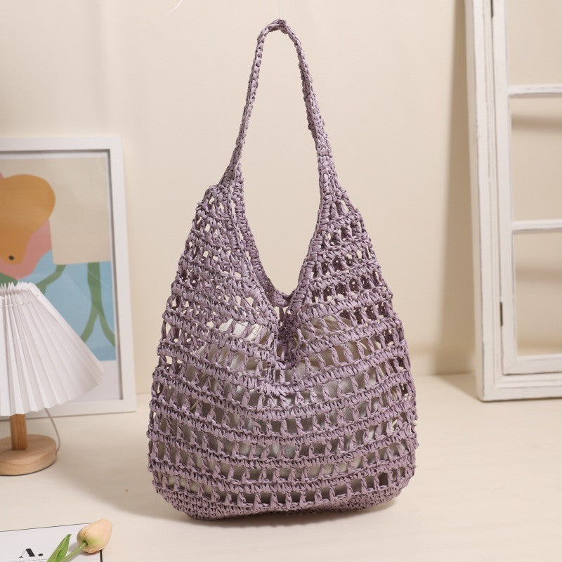 Ielgy French Large-Capacity One-Shoulder Straw Bag Seaside Vacation Hollow Tote Portable Beach Bag