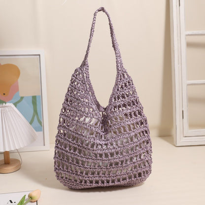 Ielgy French Large-Capacity One-Shoulder Straw Bag Seaside Vacation Hollow Tote Portable Beach Bag