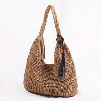 Ielgy One-Shoulder Large-Capacity Straw Bag Casual Beach Bag Vacation One-Shoulder Portable Commuter Fe