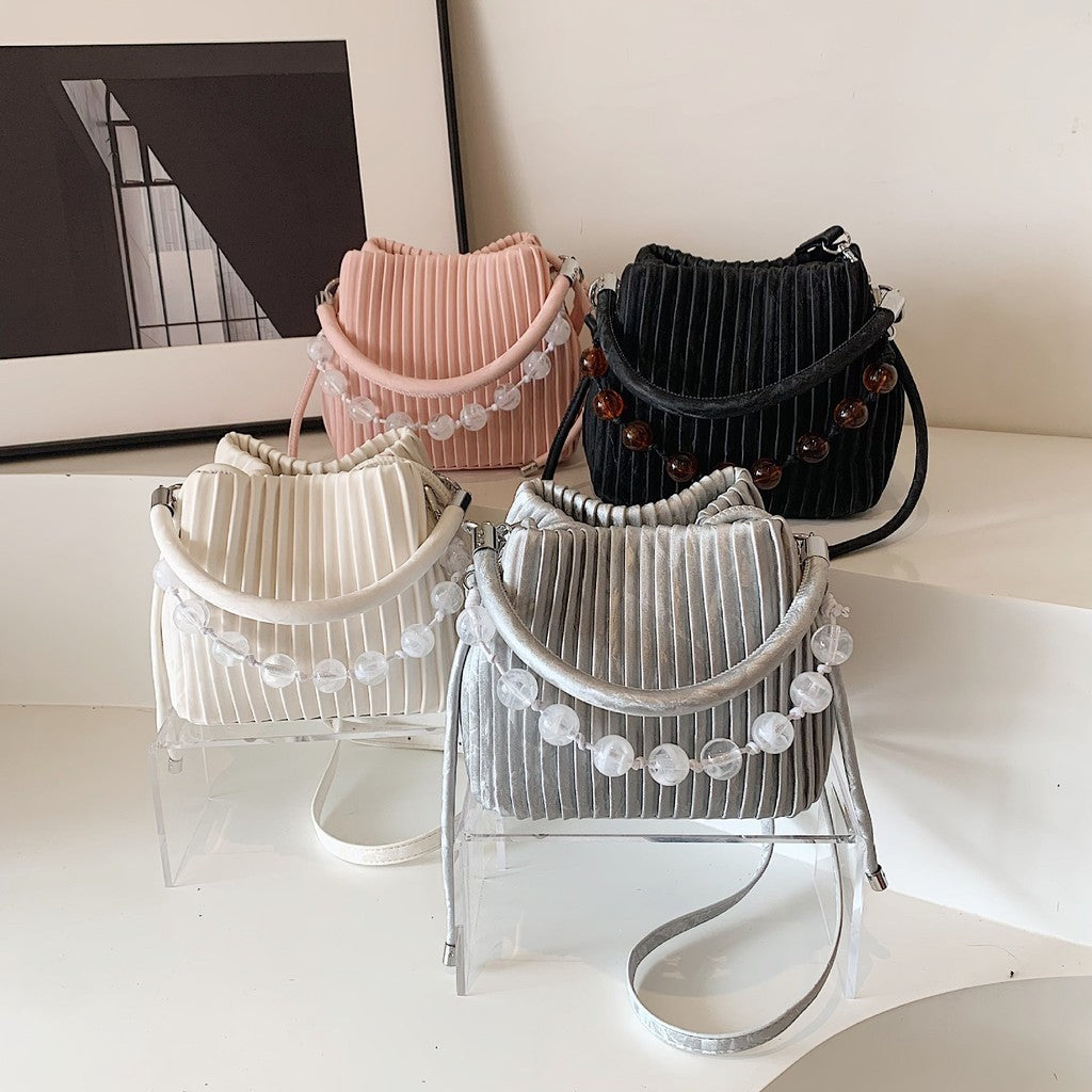 Ielgy Ladies Niche Pleated All-Match Messenger Bag Fashion Beaded Portable Bucket Bag
