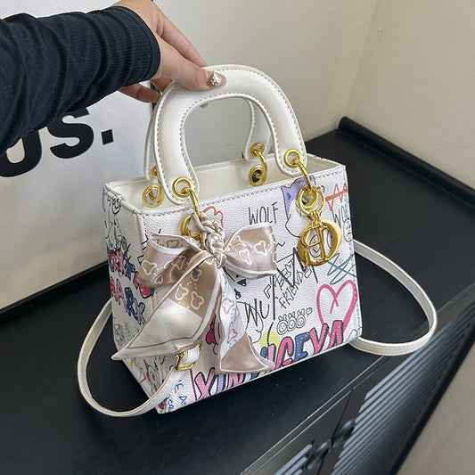Ielgy Ladies Fashion Silk Scarf Graffiti Contrast Color Diana Bag Portable One-Shoulder Diagonal