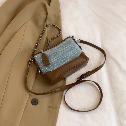 Ielgy Contrast Color Denim Bag All-Match Chain Cross-Body Bucket Bag