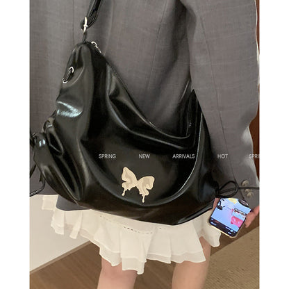 Ielgy Ladies Black Niche Underarm Bag Cool Casual Large-Capacity Cross-Body Commuter Tote Bag