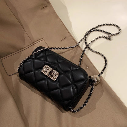Ielgy Ladies Black Diamond Small Golden Ball Chain Small Square Bag Fashionable All-Match Shoulder Messenger Bag