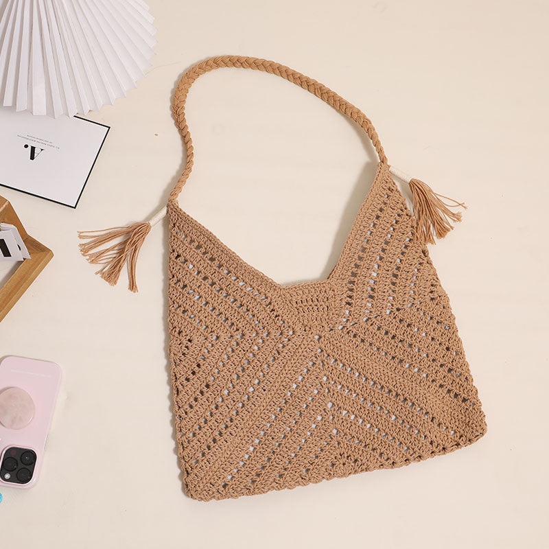 Ielgy All-Match Triangle Hollow Cross-Body Cotton Thread Woven Female Bag Leisure Straw Woven Vac