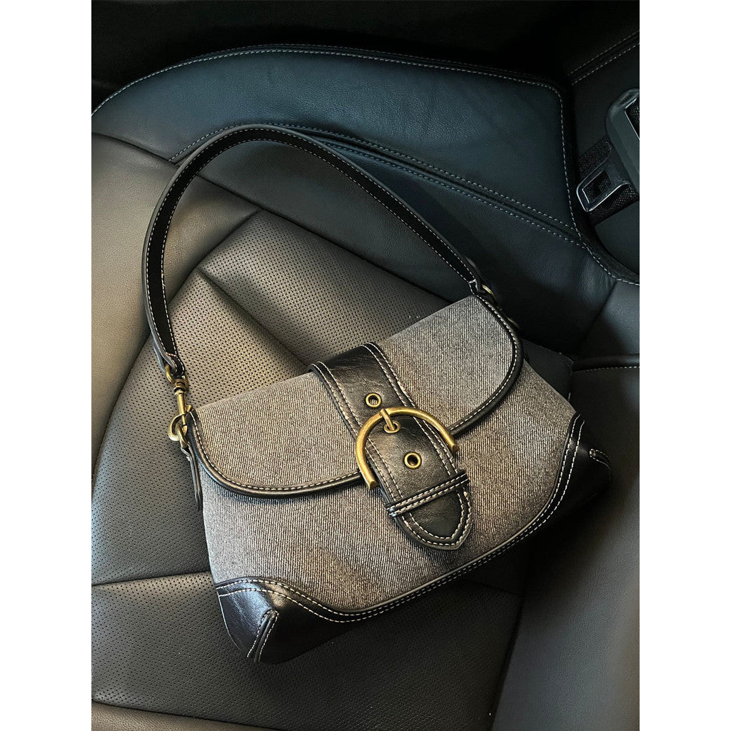 Ielgy Ladies Denim Underarm Bag High-End Texture Niche Commuter Retro Stitching Shoulder Handbag