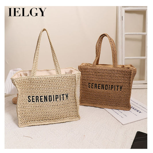 Ielgy Ladies Square Straw Bag Letter Embroidery One-Shoulder Portable Large-Capacity Woven Bag Vacation Be