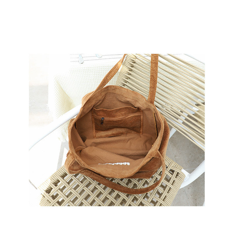 Ielgy Japanese Casual Literary Handbag Letter Embroidery Canvas Shopping Bag Fashion Corduroy Shoulder Bag
