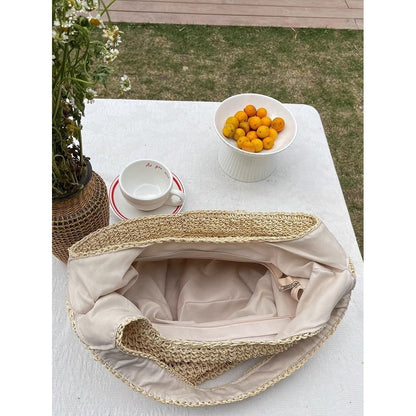 Ielgy Seaside Vacation Straw Bag Beach Bag One Shoulder Mori Style Hand-woven Bag Large Capacity