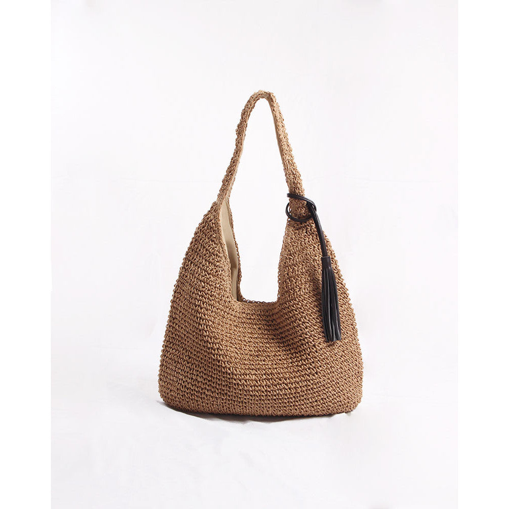 Ielgy One-Shoulder Large-Capacity Straw Bag Casual Beach Bag Vacation One-Shoulder Portable Commuter Fe