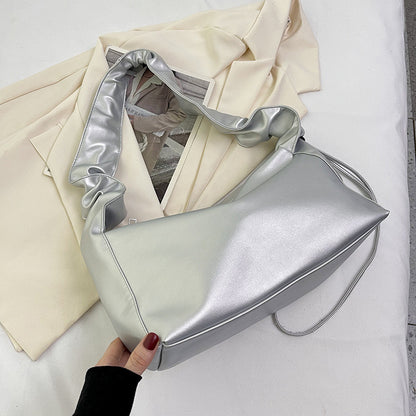 Ielgy Ladies Silver All-Match Underarm Cloud Bag Simple Pleated Fashionable One-Shoulder Dumpling Bag