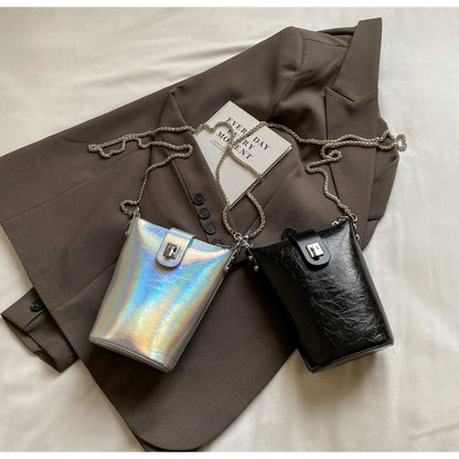 Ielgy Korean Version Casual Silver Bucket Bag Fashion Simple Shoulder Ladies Cross-body Mobile Phone Bag