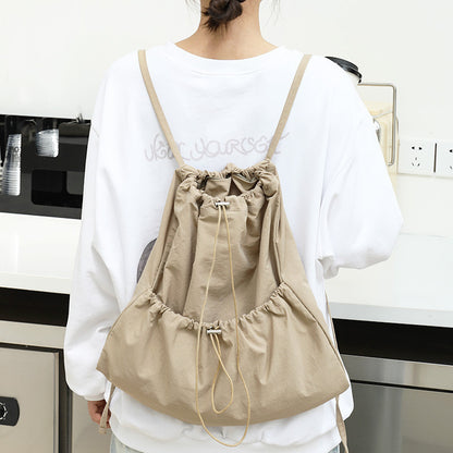 Ielgy Japanese Casual Art Canvas Backpack Fashion Drawstring Pleated School Bag Nylon Large-Capacity Backpack Khaki