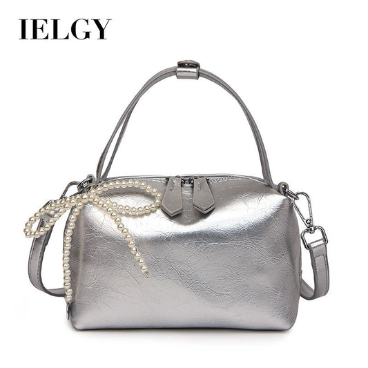 Ielgy Ladies Black All-Match Simple Messenger Bag Texture Chain Soft Leather Pillow Bag