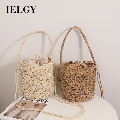 Ielgy Niche Design Straw Bucket Bag French Retro Crossbody Portable Woven Vacation Beach Bag
