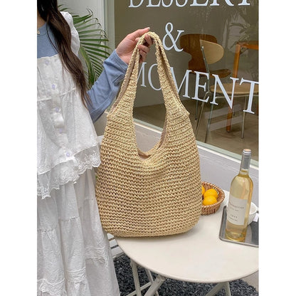 Ielgy Seaside Vacation Straw Bag Beach Bag One Shoulder Mori Style Hand-woven Bag Large Capacity