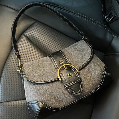 Ielgy Ladies Denim Underarm Bag High-End Texture Niche Commuter Retro Stitching Shoulder Handbag