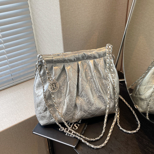 Ielgy Ladies Silver Tote Bag Korean Version Work Commuter Large-Capacity Pleated One-Shoulder Armpit Bag