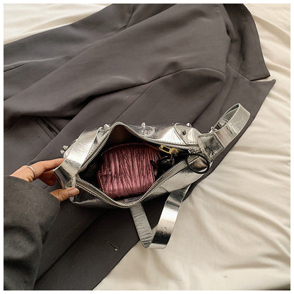 Ielgy Ladies Fashionable Hot Girl Style High-End Simple Shoulder Bag All-Match Silver Cross-Body Bag