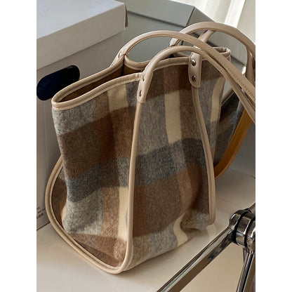 Ielgy Korean Woolen Large-Capacity Tote Bag Trendy Shoulder Handbag