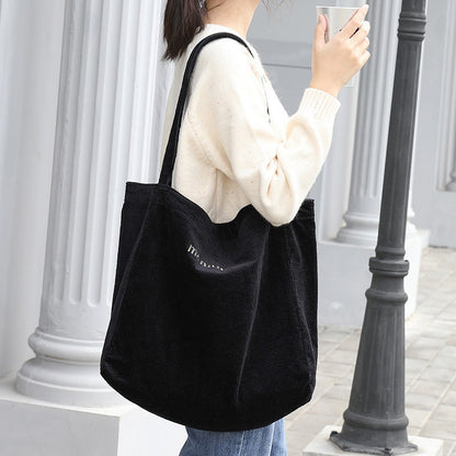 Ielgy Japanese Casual Literary Handbag Letter Embroidery Canvas Shopping Bag Fashion Corduroy Shoulder Bag