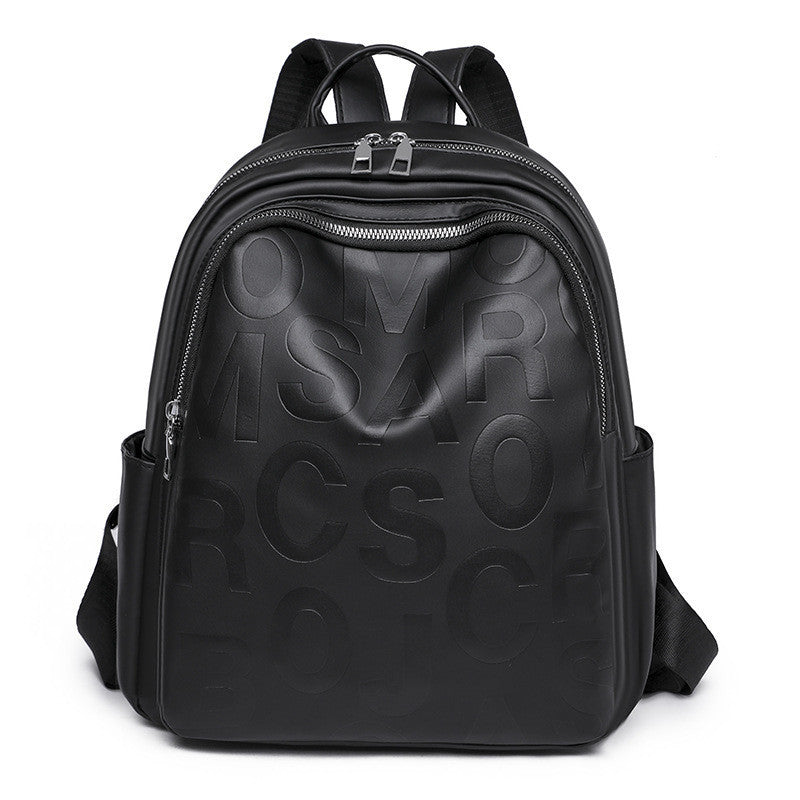 Ielgy Ladies PU Soft Leather Texture Backpack Fashion Letter Printing Travel Bag Simple Lightweight Commuter Bag