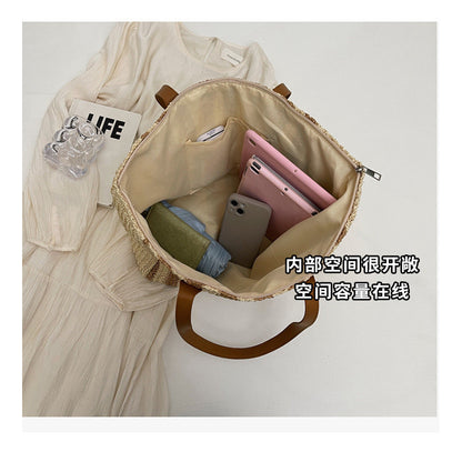 Ielgy Retro Large-Capacity Straw Woven One-Shoulder Texture Woven Beach Vacation Tote Bag