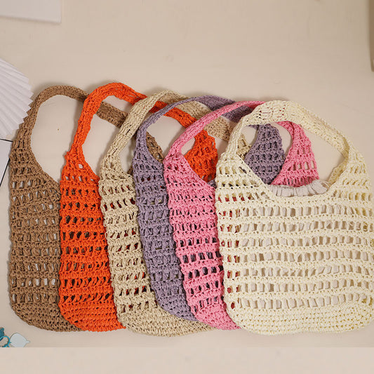 Ielgy French Large-Capacity One-Shoulder Straw Bag Seaside Vacation Hollow Tote Portable Beach Bag