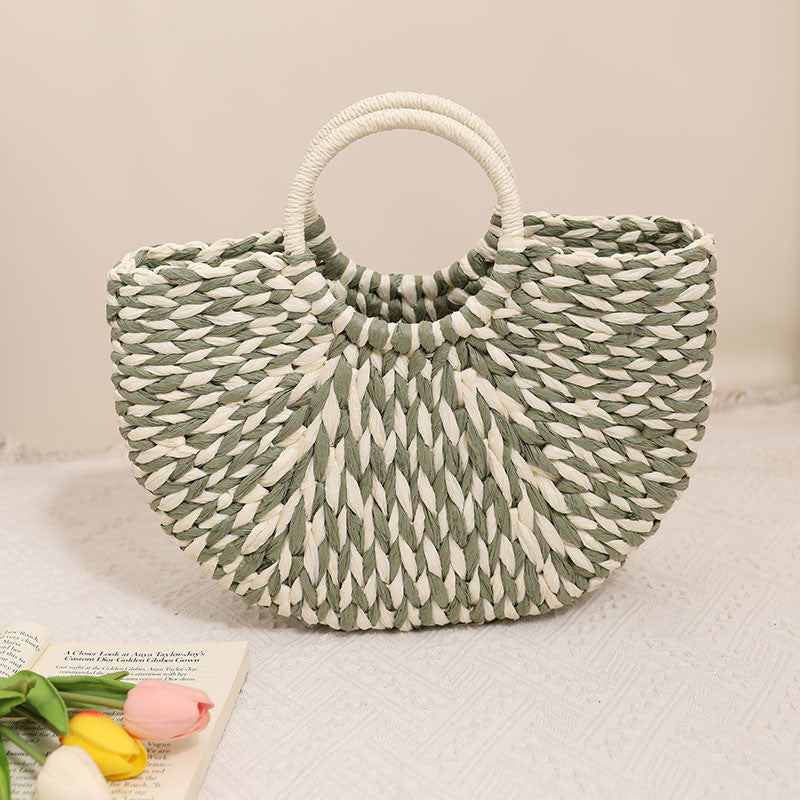 Ielgy Niche Semicircle Portable Straw Bag Retro Color Hand-Carrying Woven Seaside Vacation Beach Bag