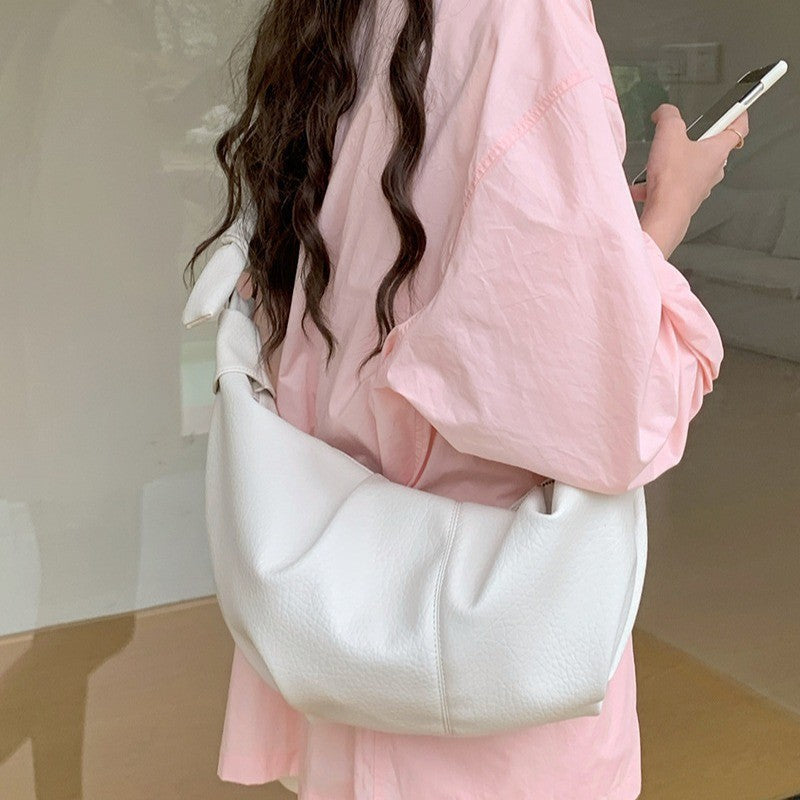 Ielgy Ladies Large-Capacity Retro Soft Leather Pleated Dumpling Bag Lazy Style Casual All-Match Croissant Shoulder Mess