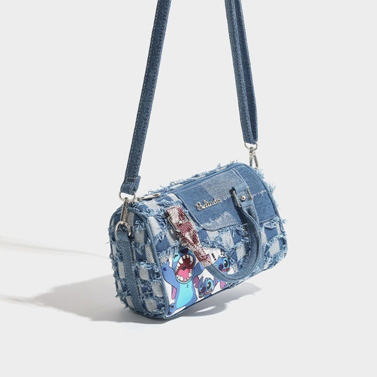 Ielgy Contrast Color Niche Cartoon Stitch Denim Bag Hole Stitching Cross-body Portable Pillow Bag
