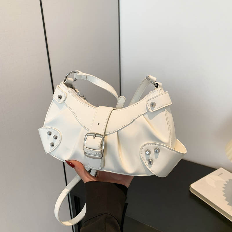 Ielgy Folded Motorcycle Style One-Shoulder Underarm Silver Bag Ladies Fashion Commuter Diagonal Small Square Bag