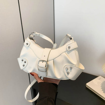 Ielgy Folded Motorcycle Style One-Shoulder Underarm Silver Bag Ladies Fashion Commuter Diagonal Small Square Bag