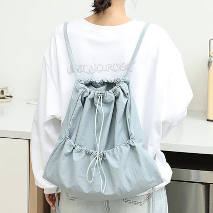 Ielgy Japanese Casual Art Canvas Backpack Fashion Drawstring Pleated School Bag Nylon Large-Capacity Backpack Khaki