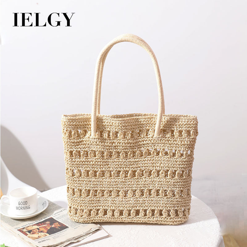 Ielgy Large-Capacity Straw Bag Hollow Classy One-Shoulder Portable Woven Female Bag Vacation Rattan