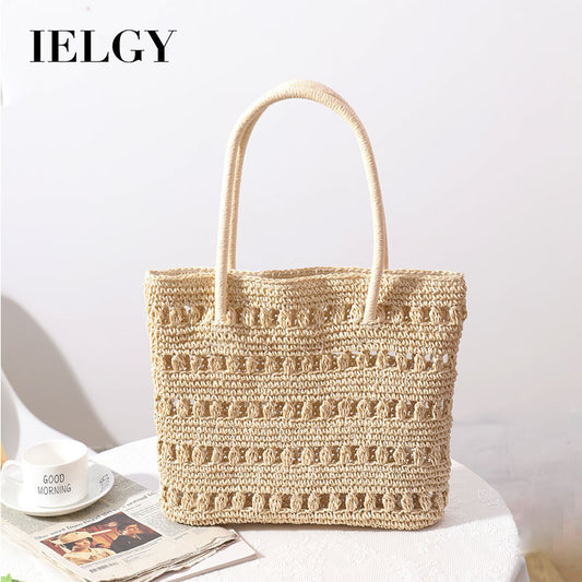 Ielgy Large-Capacity Straw Bag Hollow Classy One-Shoulder Portable Woven Female Bag Vacation Rattan