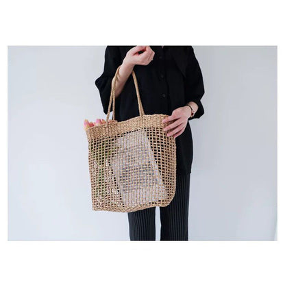 Ielgy Korean Style Large-Capacity Straw Beach Bag Hollow One-Shoulder Portable Woven Female Bag Seaside Vacation