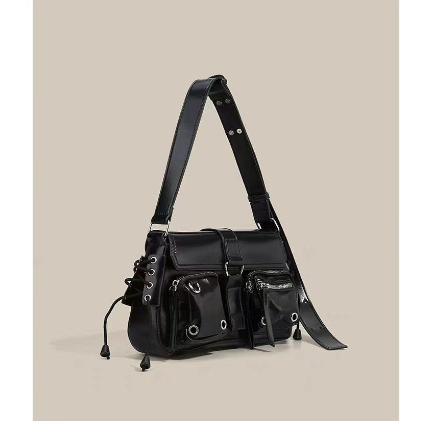 Ielgy High-End Feeling Black Motorcycle Bag Sweet Cool Hot Girl Baguette Bag Niche One-Shoulder Messenger Underarm Bag