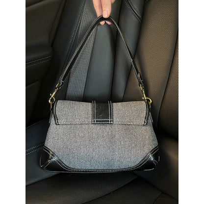 Ielgy Ladies Denim Underarm Bag High-End Texture Niche Commuter Retro Stitching Shoulder Handbag